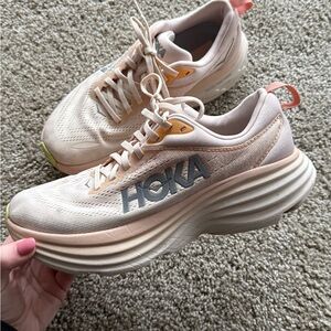 Hoka Bondi 8 Women's Cream and Peach Athletic Shoes